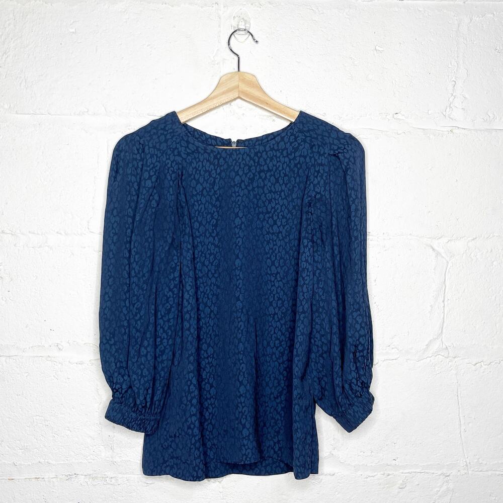 Whistles Women's Blue Animal‎ Jacquard Leopard Balloon Sleeve Blouse Size 4